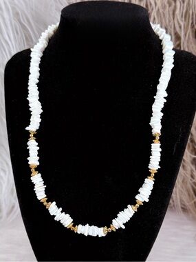 Vintage White Shell Chip Necklace Gold Tone Spacer Beads Boho Coastal